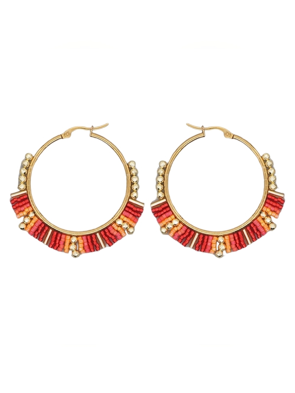 Beaded Hoop Earrings Red & Orange Miyuki Rice Beads